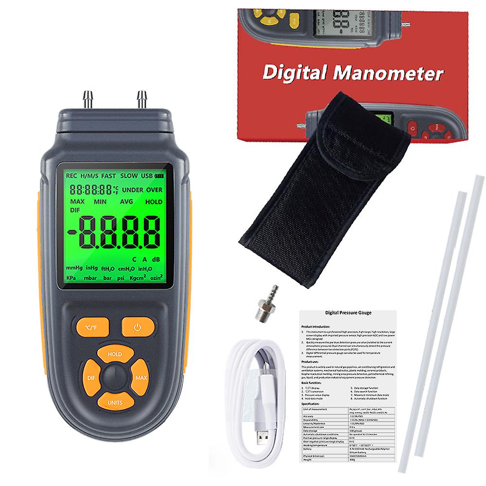 Digital Manometer Dual Port Air Gas Pressure Tester With Lcd Backlight Display Supports Temperature Measurement /