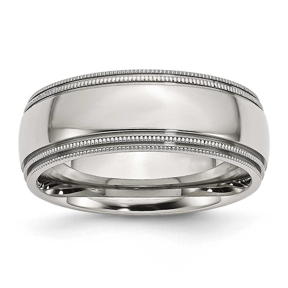 Stainless Steel Beaded Grooved and Bead Charmed 8mm Polished Band Ring-Band Style-Ring for Women and Men - Ring Size: 8