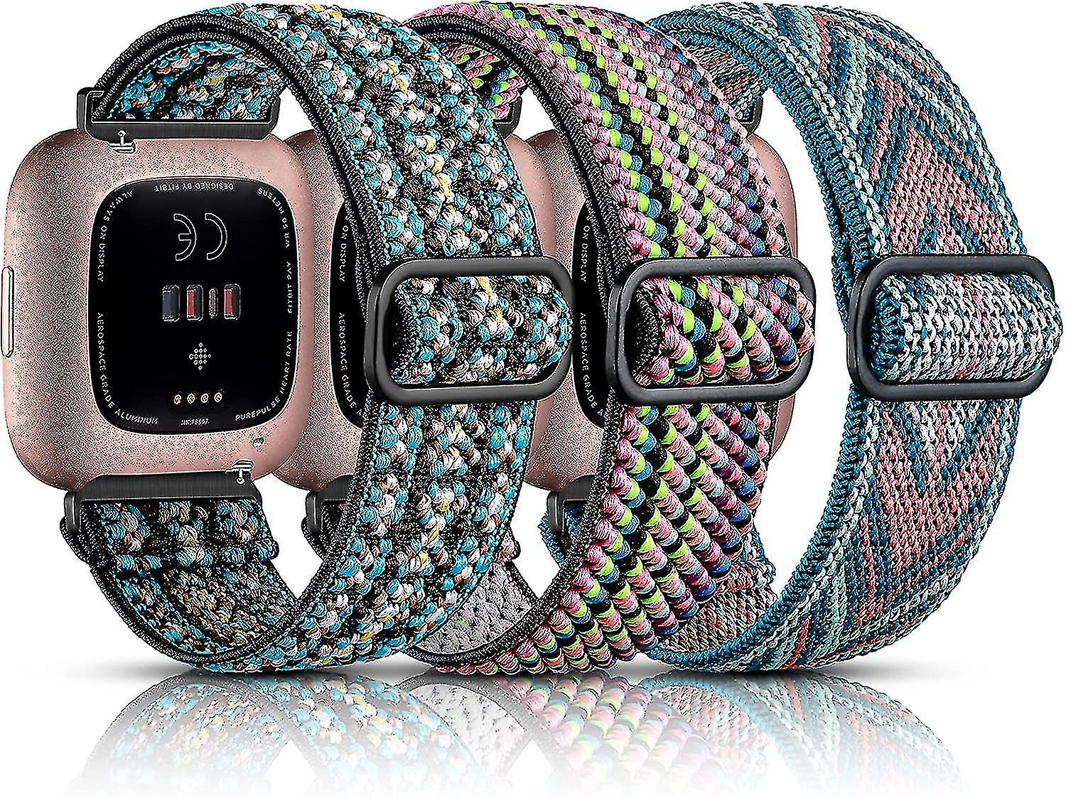 3 Pack Elastic Band Compatible With Fitbit Versa/fitbit Versa Lite/fitbit Versa 2 Bands For Women Men, Adjustable Stretchy Nylon Solo Loop Strap Wrist