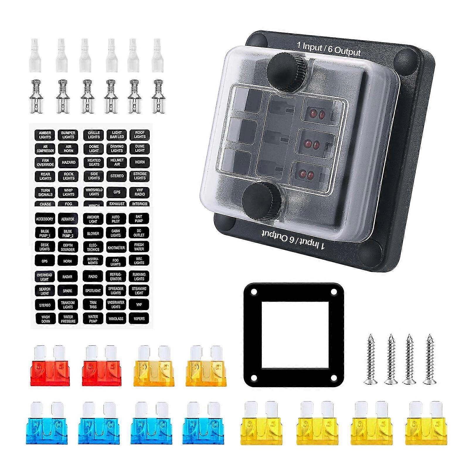 6 Way Truck Power Distribution Blade Fuse Holder Box Block Panel With Led Light