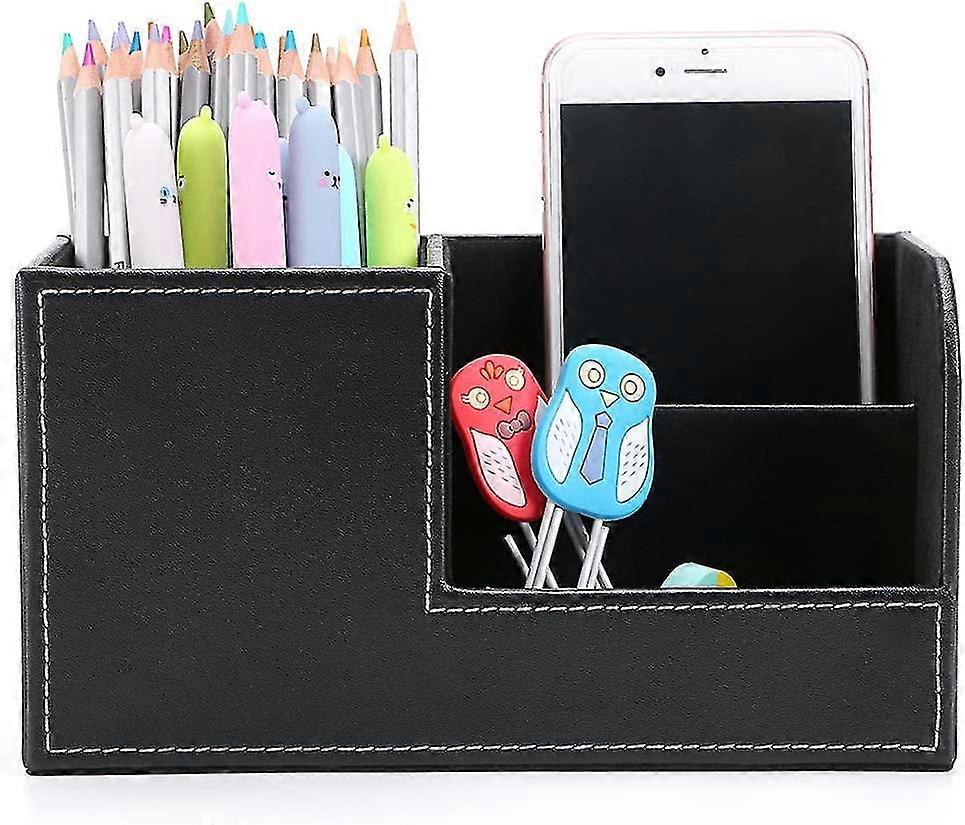 Desk Pen Pencil Holder Leather Multi-function Desk Stationery Organizer Storage Box