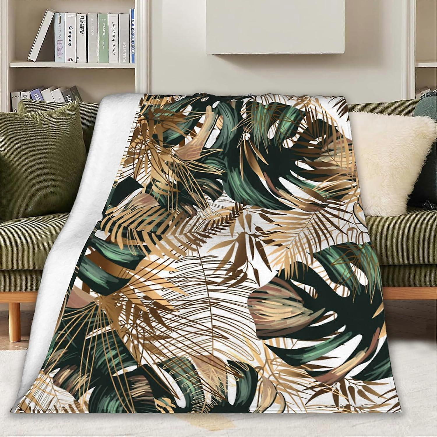 Green Gold Palm Leaves Blanket Tropical Palm Leaf Throw Blanket Gifts for Women Soft Lightweight Throw Blanket Fuzzy Blanket for Sofa Couch Bed Room M