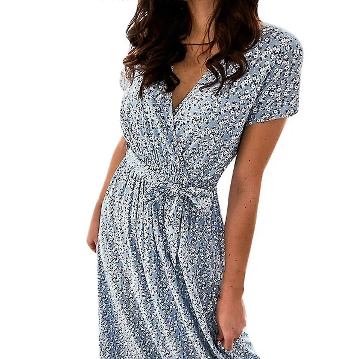 レディース半袖花柄プリントVネックサッシュミッドカーフドレス