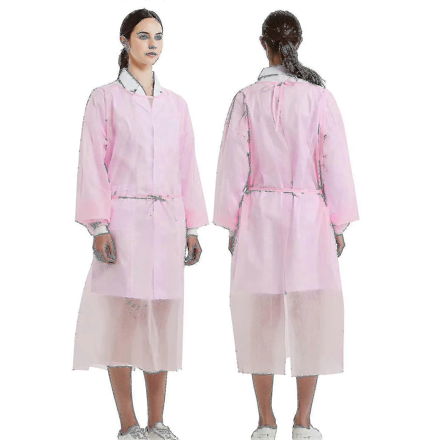 (pink 10 Pack) Disposable Breathable Polypropylene Isolation Gown With Elastic Knit Cuffs, Covered Back, Extra-long Double Ties, Universal Size Shzev