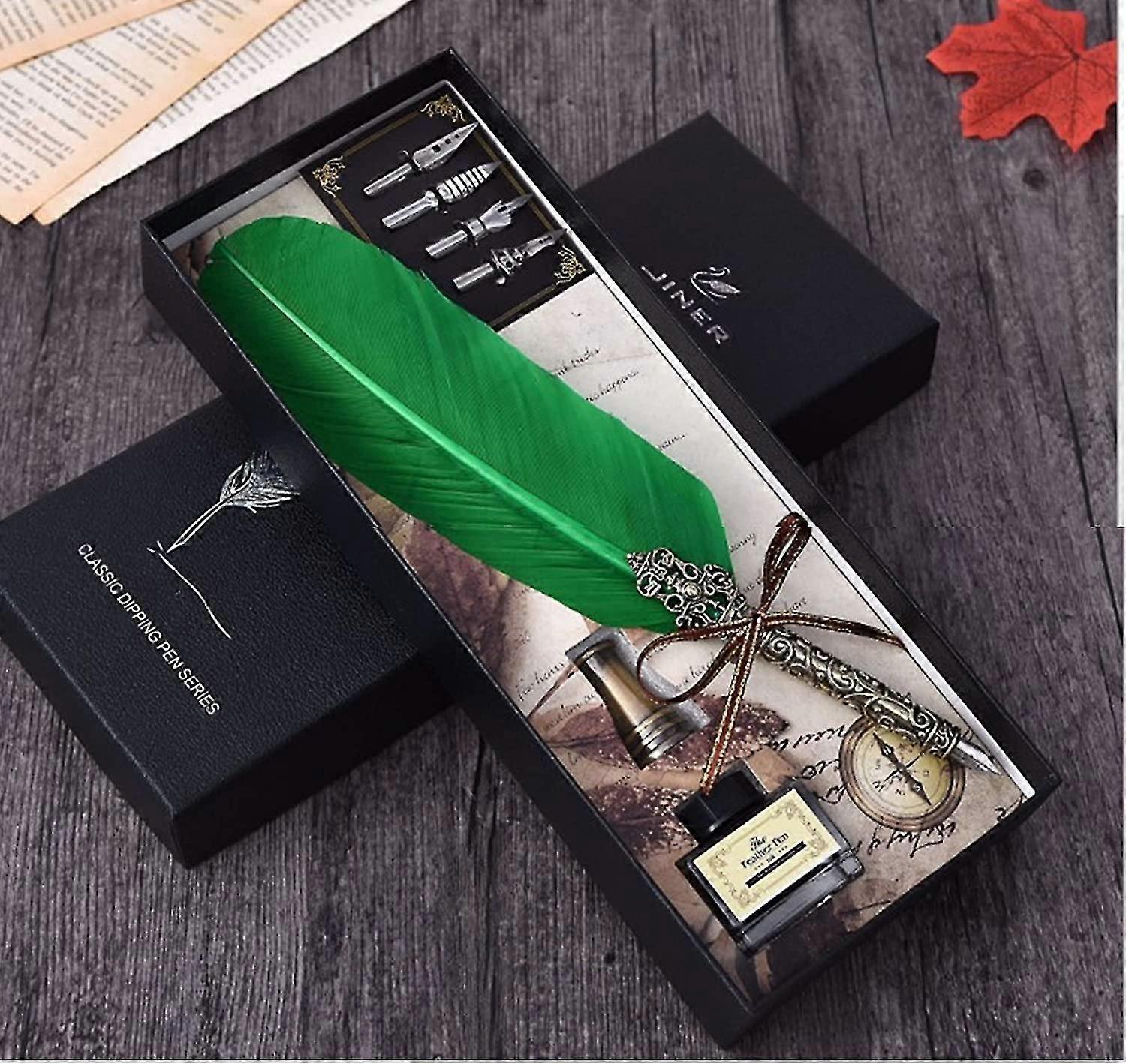 アンティークフェザーディップペンセット|レトロ羽ペン書道ペンセットフェザーライティングクイルインクディップペンベストホリデーギフト(緑)