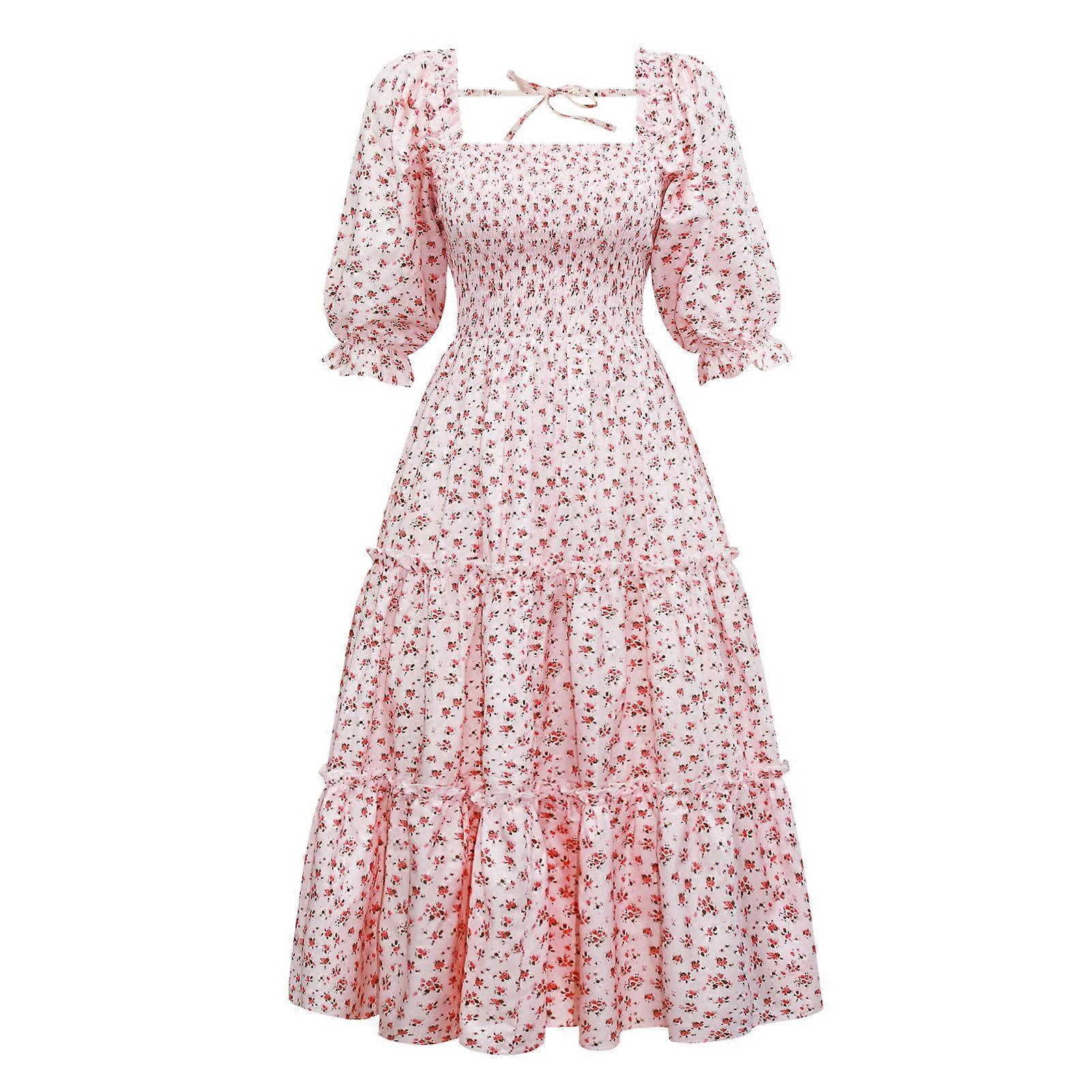 Women's Star Print Square Neck Gathered Short Puff Sleeve Ruffle Hem Casual Midi Dress 1 Piece Pink