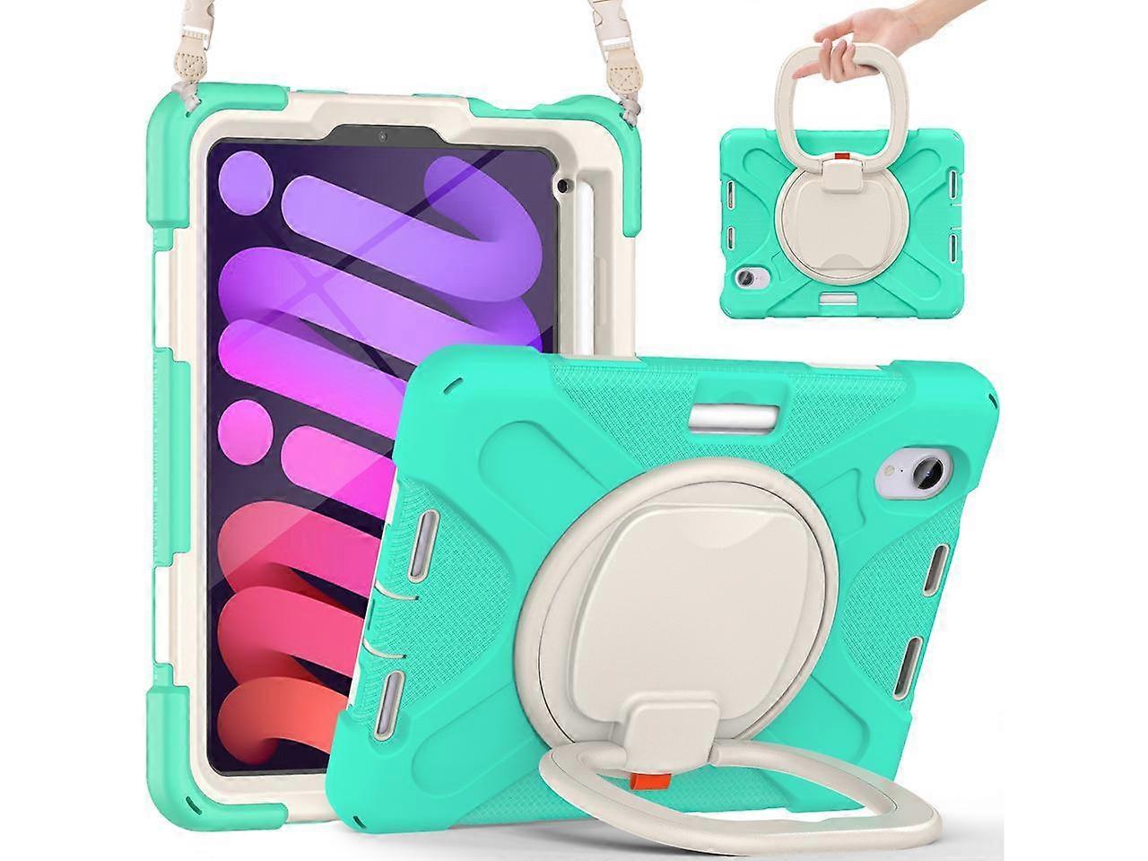 New iPad Mini 6 Case 2021 with Rotating Stand / Hand Strap / Shoulder Strap / Pencil Holder Shockproof Kids Cover for iPad Mini 6th Generation 8.3 inc
