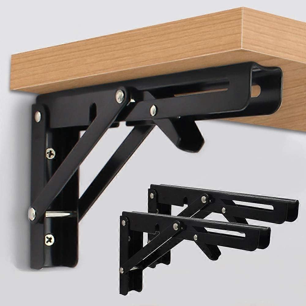 2 Pcs Folding Shelf Brackets 8 inch Black Heavy Duty Metal Triangle Table Bench Collapsible Shelf Bracket, Shelf Support Bracket Hinge Wall Mounted