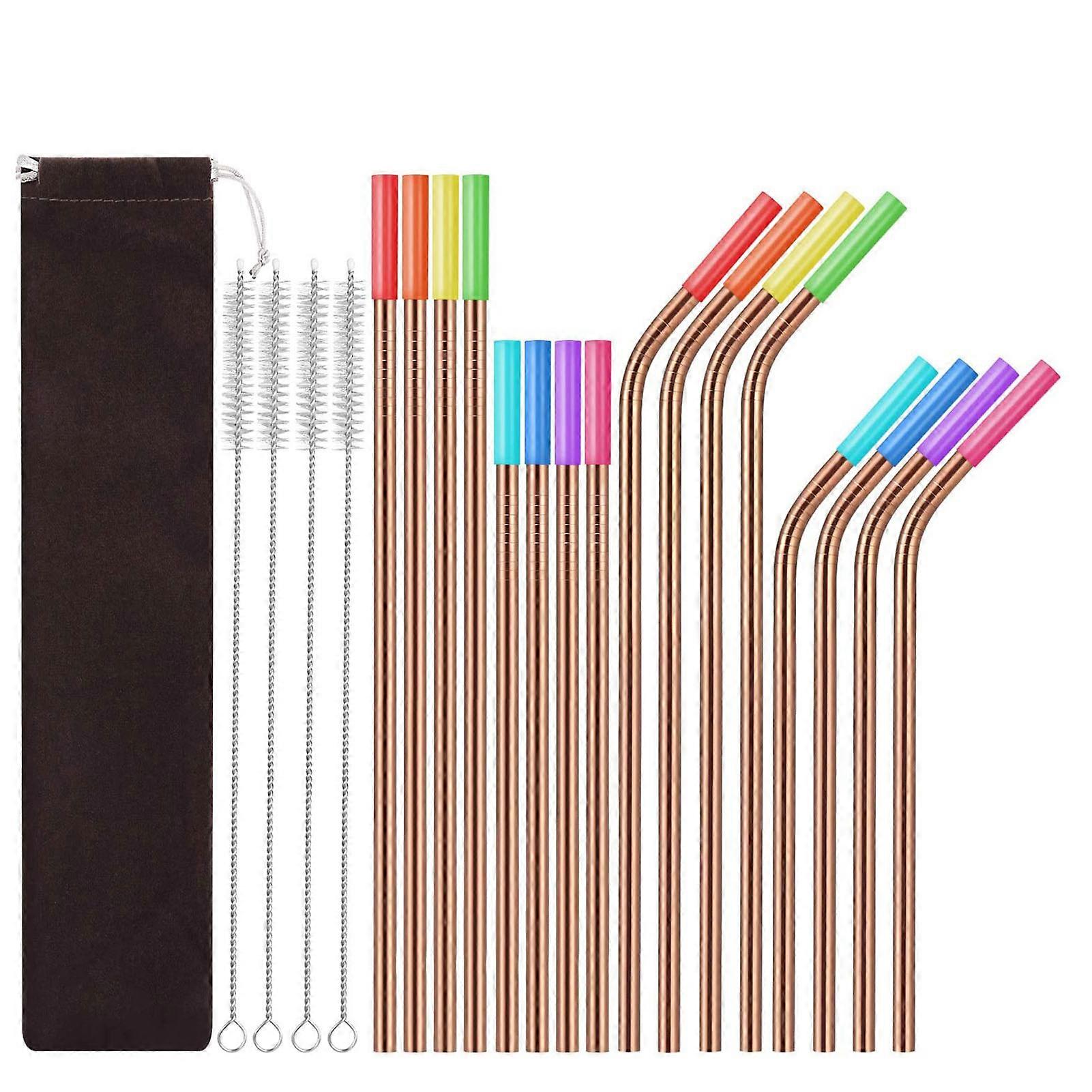 JiKaiX 16Pcs/Set Vibrant Color Straws with Silicone Tips Rust-resistant Metal Straws Dishwasher Safe Drinking Straws with Cleaning Brush