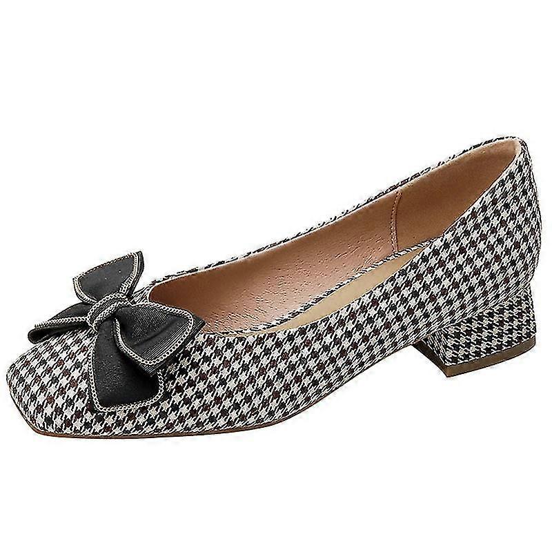 Spring Autumn Low Heels Retro Versatile Bow Loafers Houndstooth Square Toe Shallow Mouth Thick Heel Women's Medium Heel Shoes