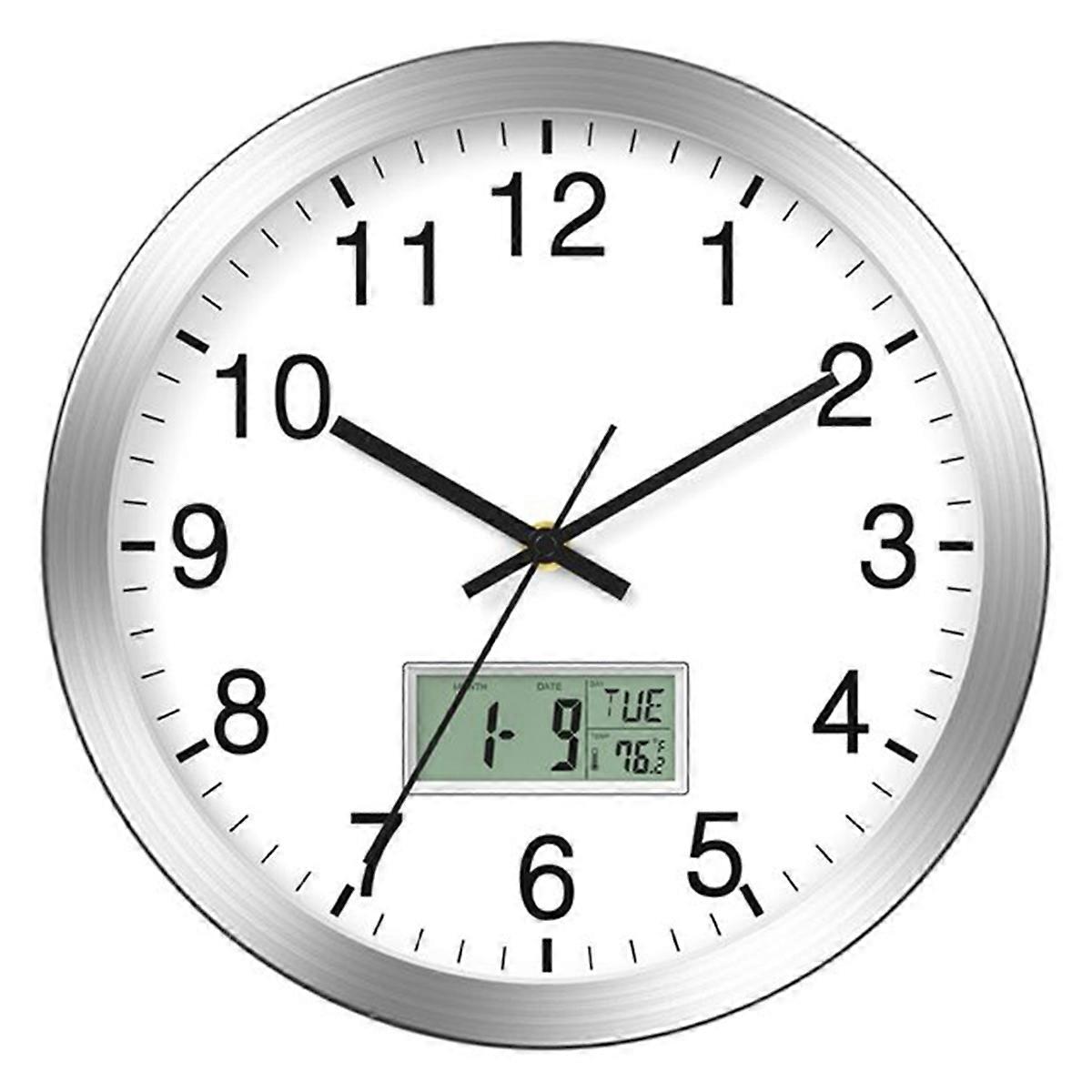 12Inch Wall Clock with Digital Date, Week, Indoor Temp - Battery Operated Wall Clock,Silver Brushed
