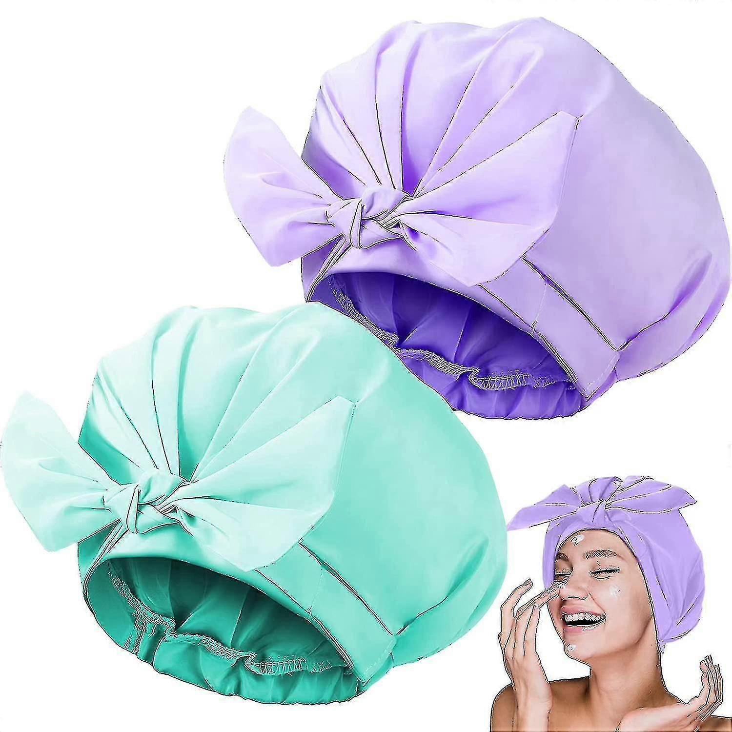 2 Pieces Shower Caps Adjustable Bow-knot (cyan, Purple) -