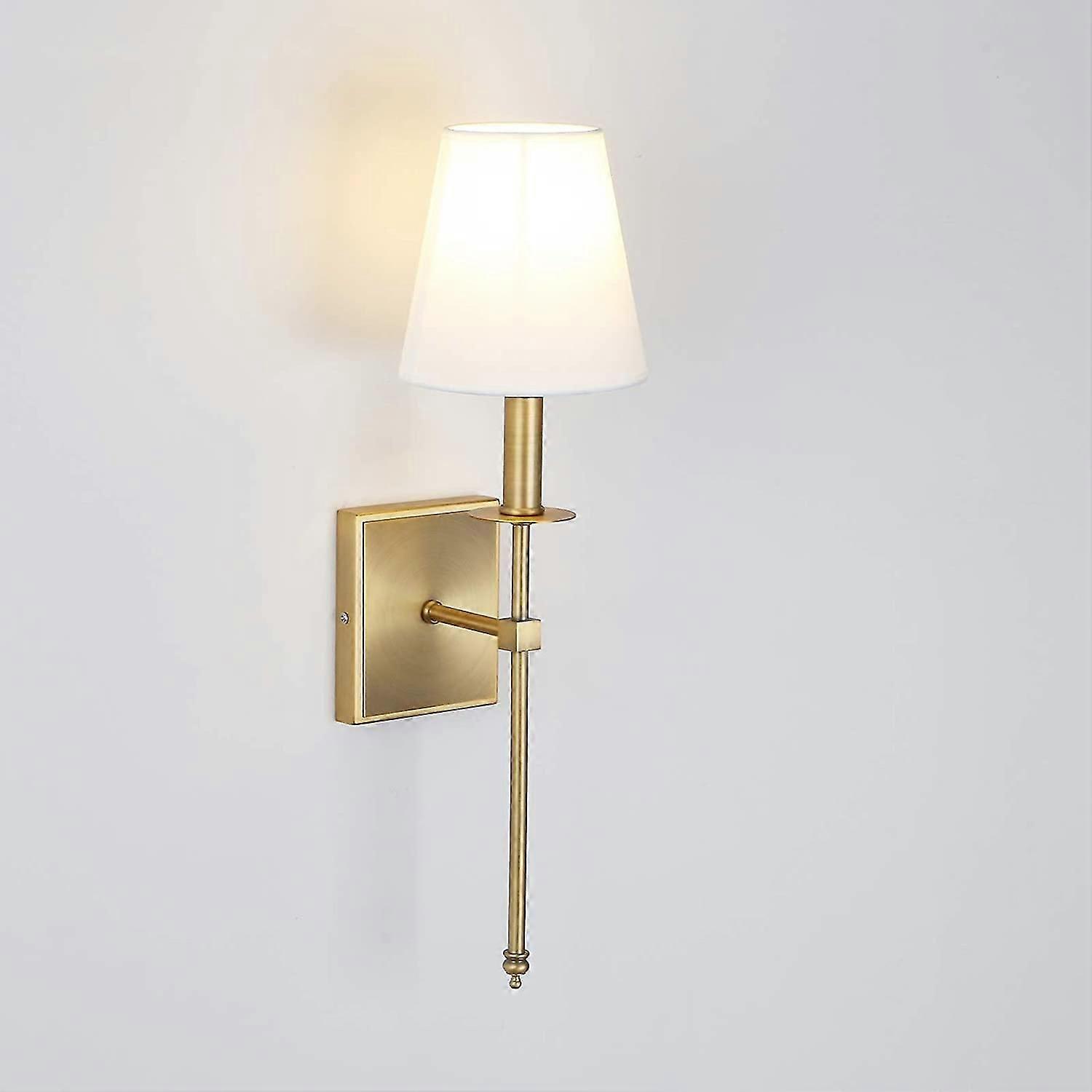 Classic Rustic Industrial Wall Sconce Lighting Fixture With Flared White Textile Lamp Shade And Antique Brass Tapered Column Stand,1600