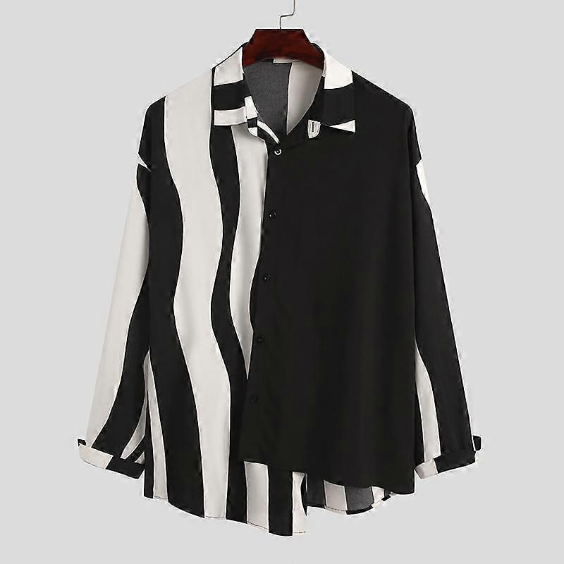 INCERUN Korean Style Men Long Sleeve Zebra Printed Button Down Shirt Irregular Patchwork Casual Blouse Tops