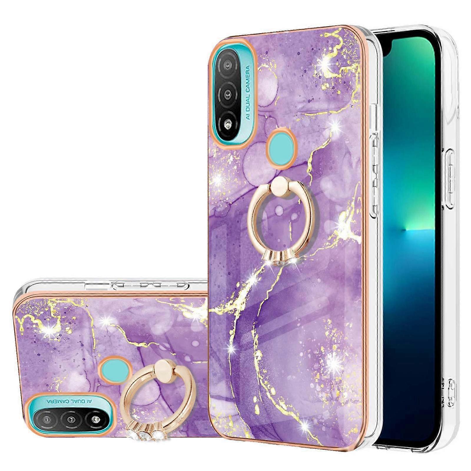 For Motorola Moto E20/E30/E40 Electroplating Marble Pattern IMD TPU Shockproof Phone Case with Ring Holder
