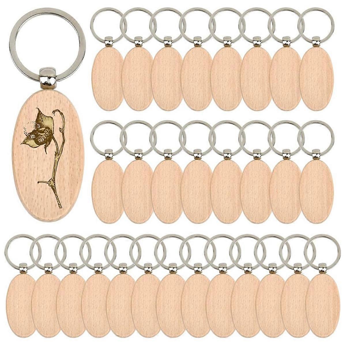 30PCS Oval Wooden Keychain Blanks Unfinished Wood Keychain Blank Key Ring Key Tag Wood Engraving Bl