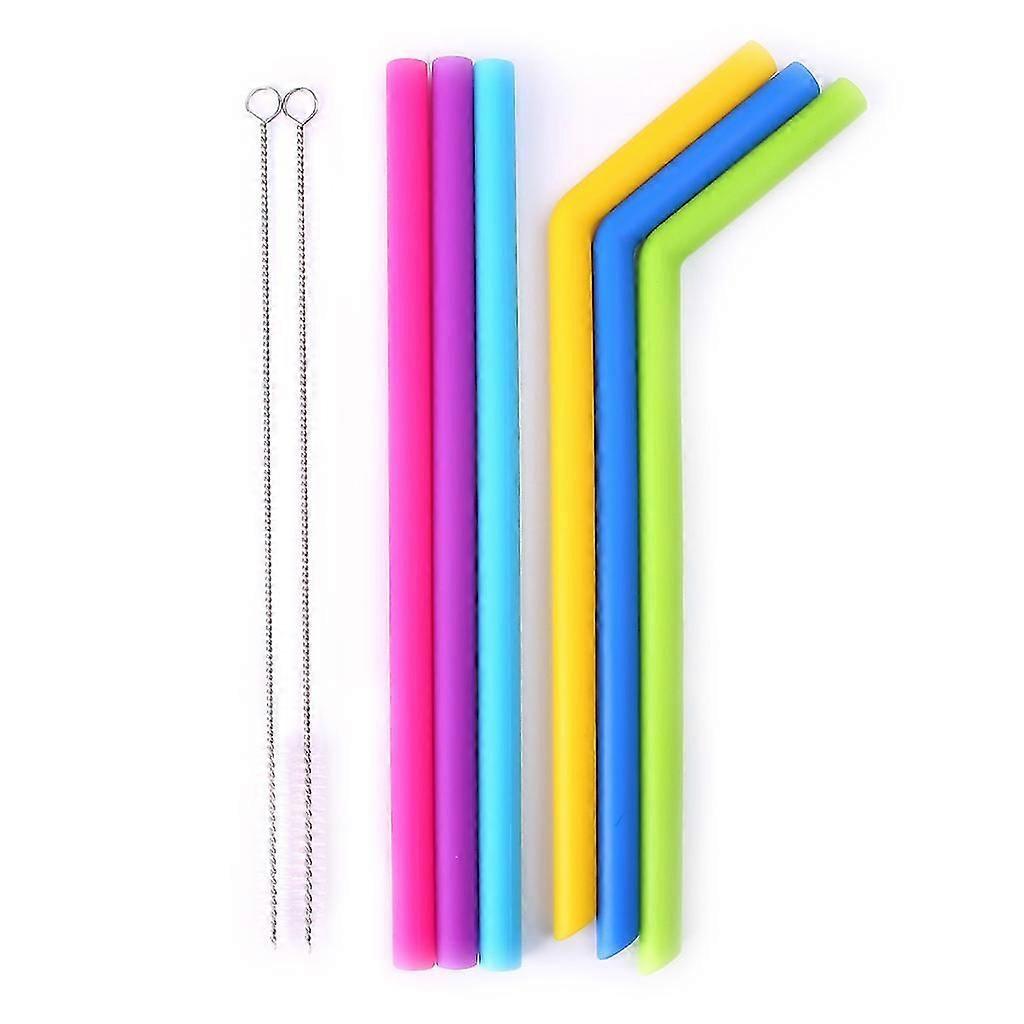 Reusable Food Grade Silicone Drinking Angled Straight Straw Set with Brushes New