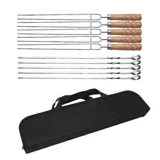 10Pcs Stainless Steel BBQ Skewers Wood Handle Set Outdoor Camping Grill Roasters Tools with Storage Bag Barbecue Forks for Grilled Meats Shrimp