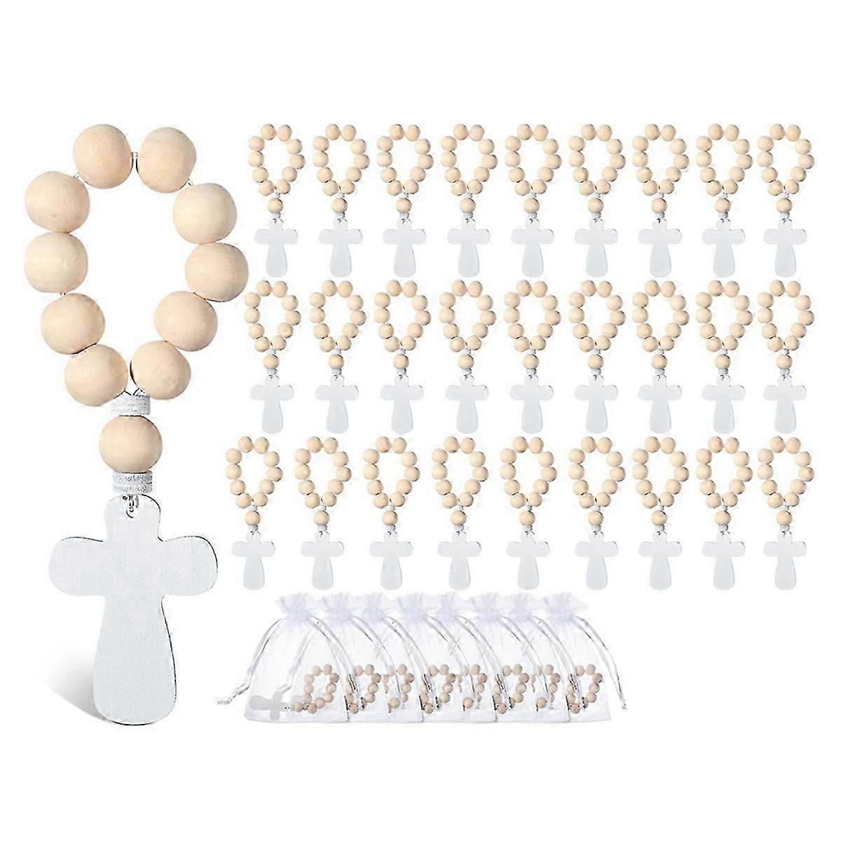 36Pcs 나무 묵주 묵주 구슬 흰색 메쉬 가방 세례 첫 영성체 확인 베이비 샤워 브라이덜 샤워