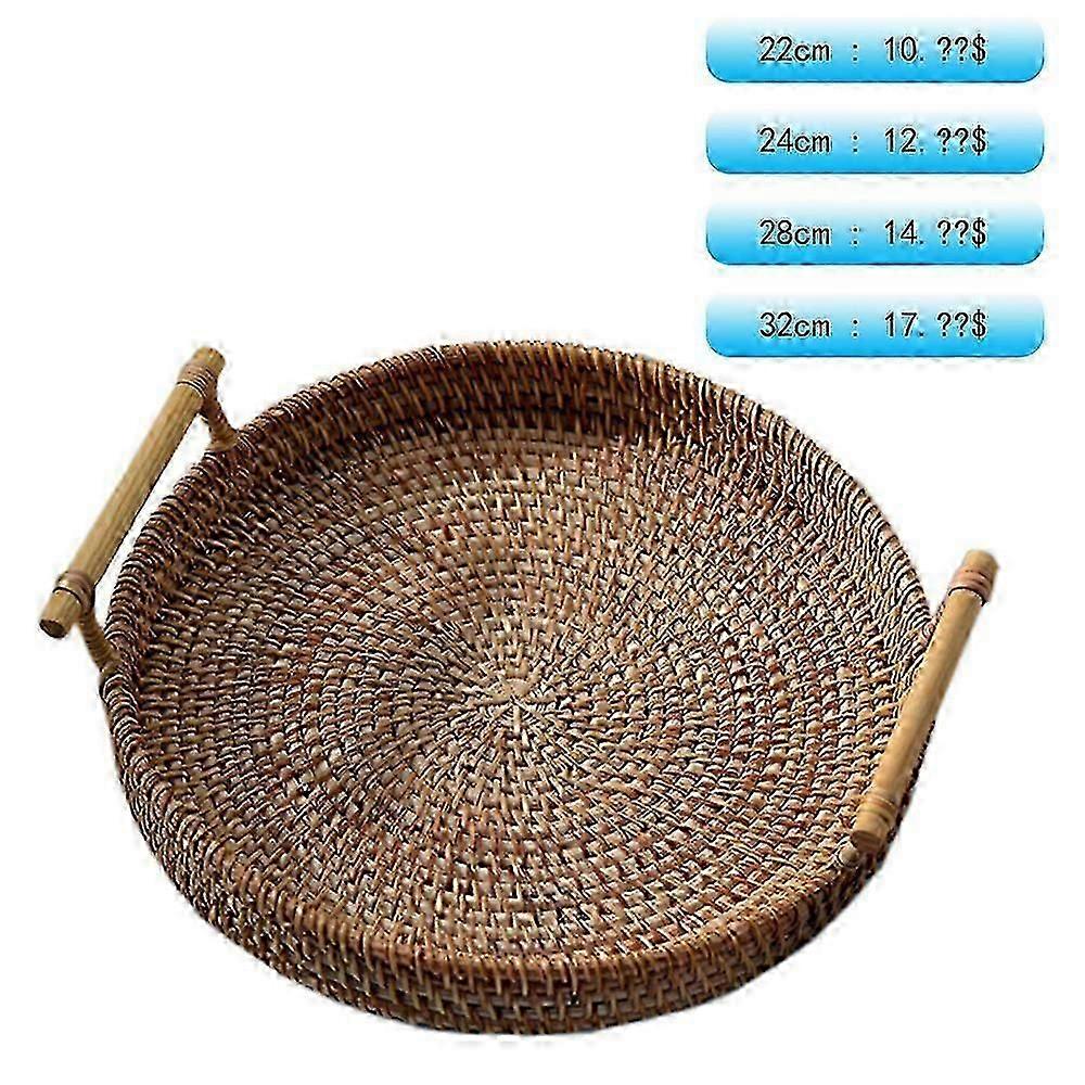32 سنتيمتر الروطان المنسوجة يدويا جولة تقديم صينية تخزين الطعام مع مقابض خشبية سلة الخوص صينية خشبية لسلة خبز الفاكهة