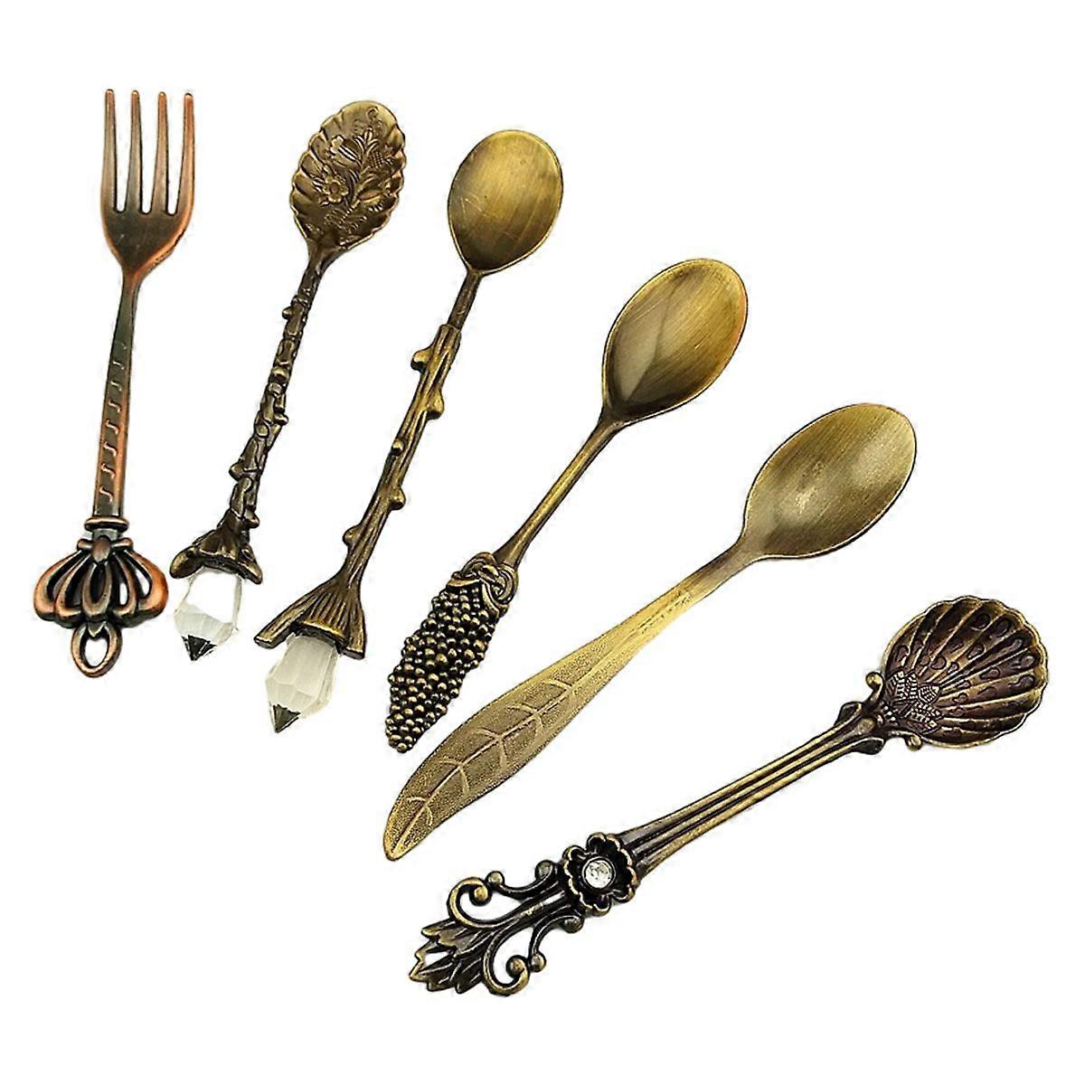 6Pcs/Set Retro Royal Style Mini Coffee Spoons and Fork Kitchen Fruit Dinnerware Antique Brass
