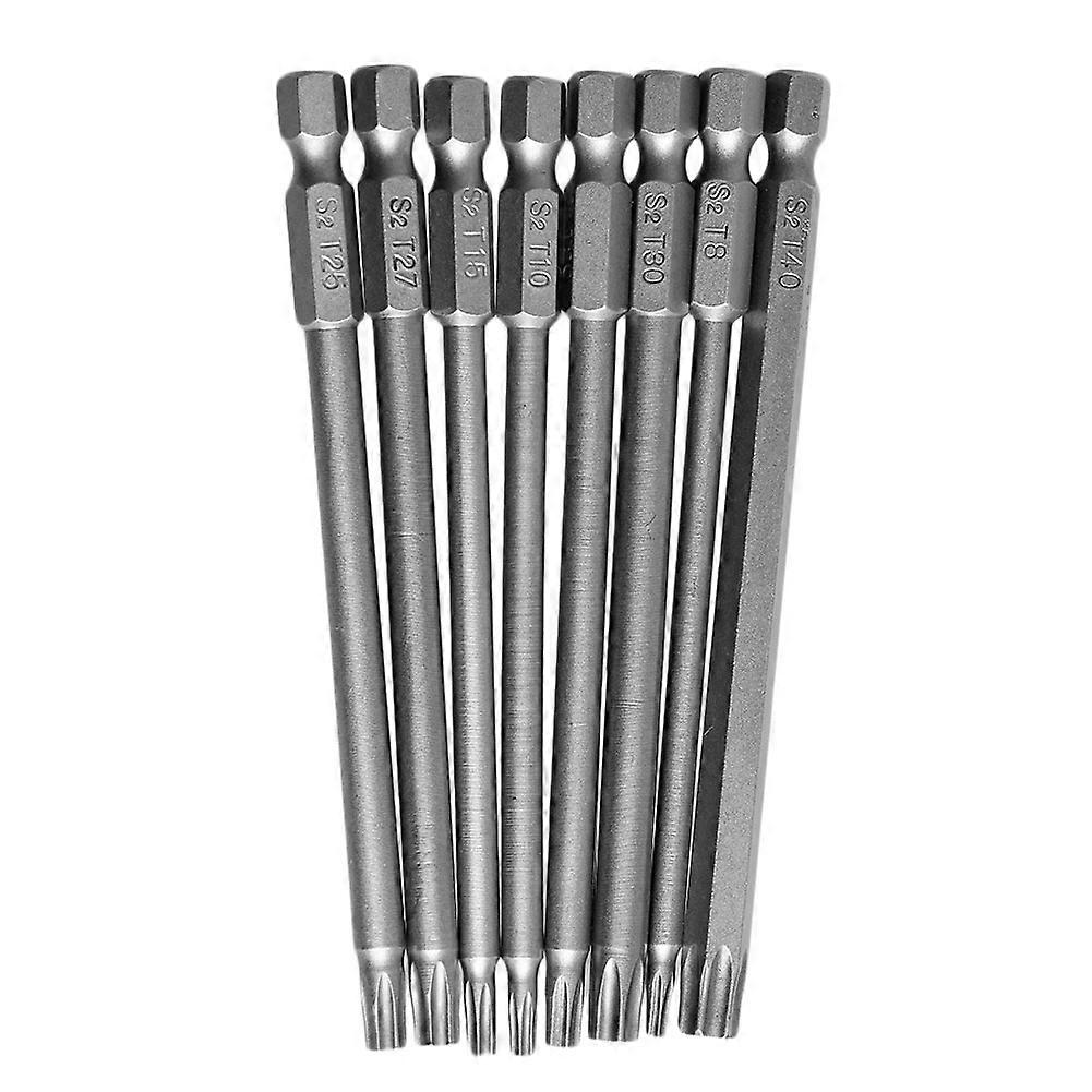 8Pcs/Set T8-T40 100mm Magnetic Torx Screwdriver Bits 1/4" Hex Shank  Silver
