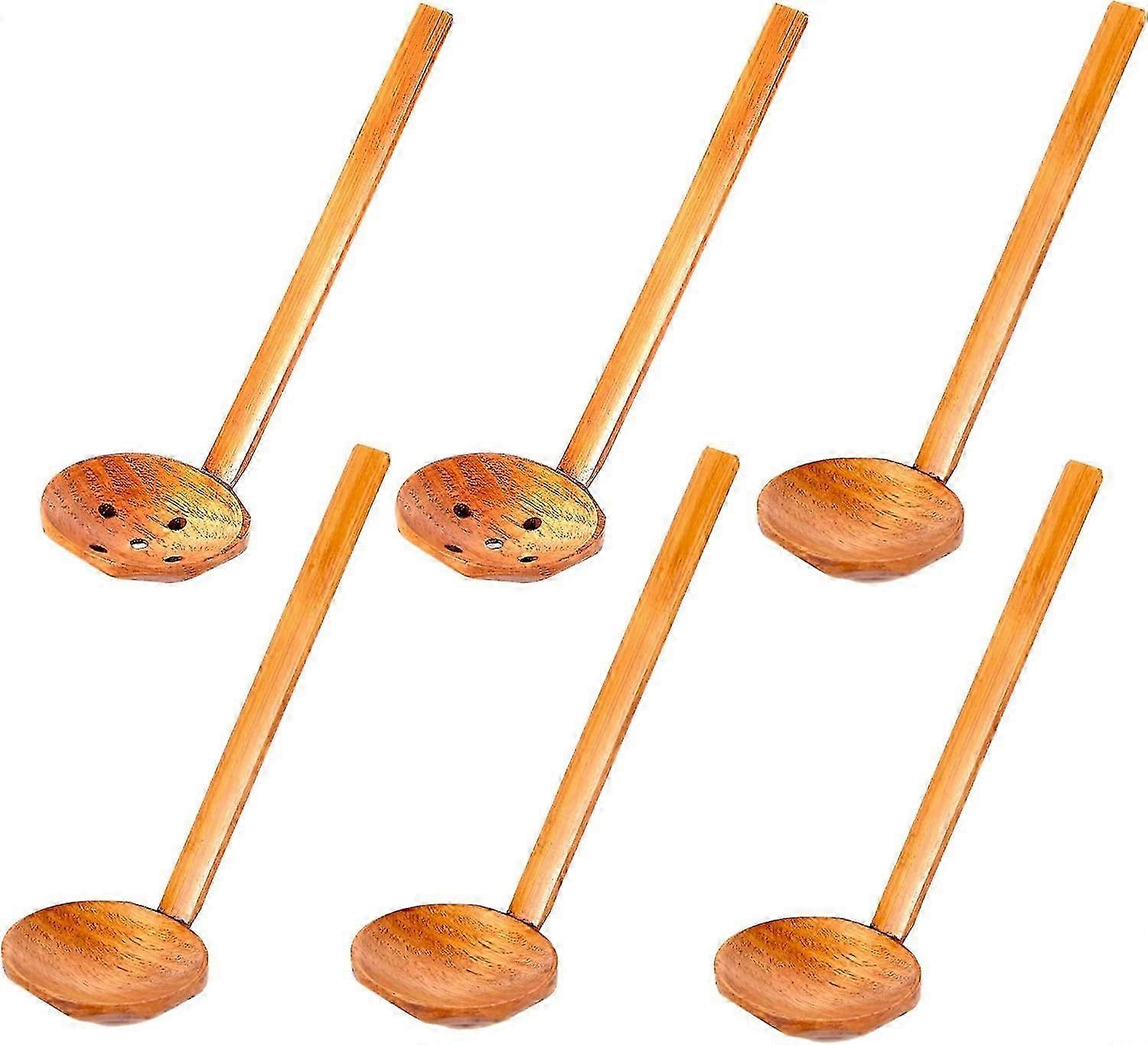 ロングハンドルスープスプーン、家庭用および調理用ザル用の耐久性のある天然木スプーン6本のセット