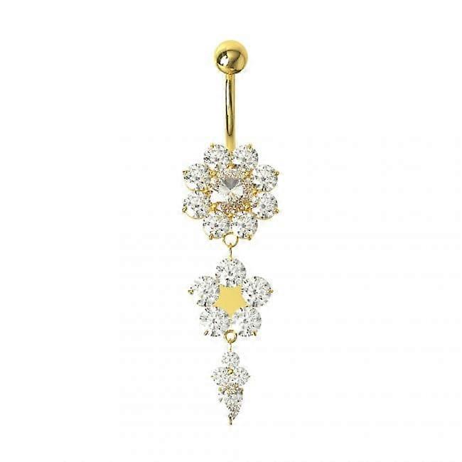 Double Pink Flower Silver Dangling Ss Curved Bar Belly Ring