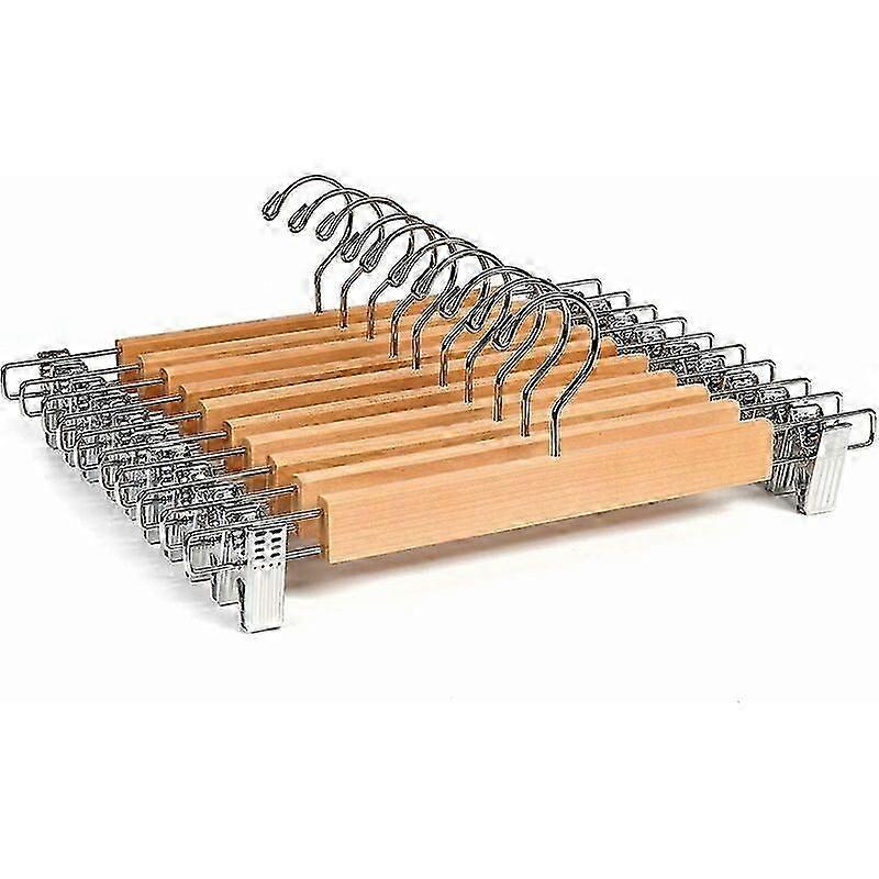 Non-Slip Hangers with Clips - Set of 10 Natural Wood Hangers (36cm)
