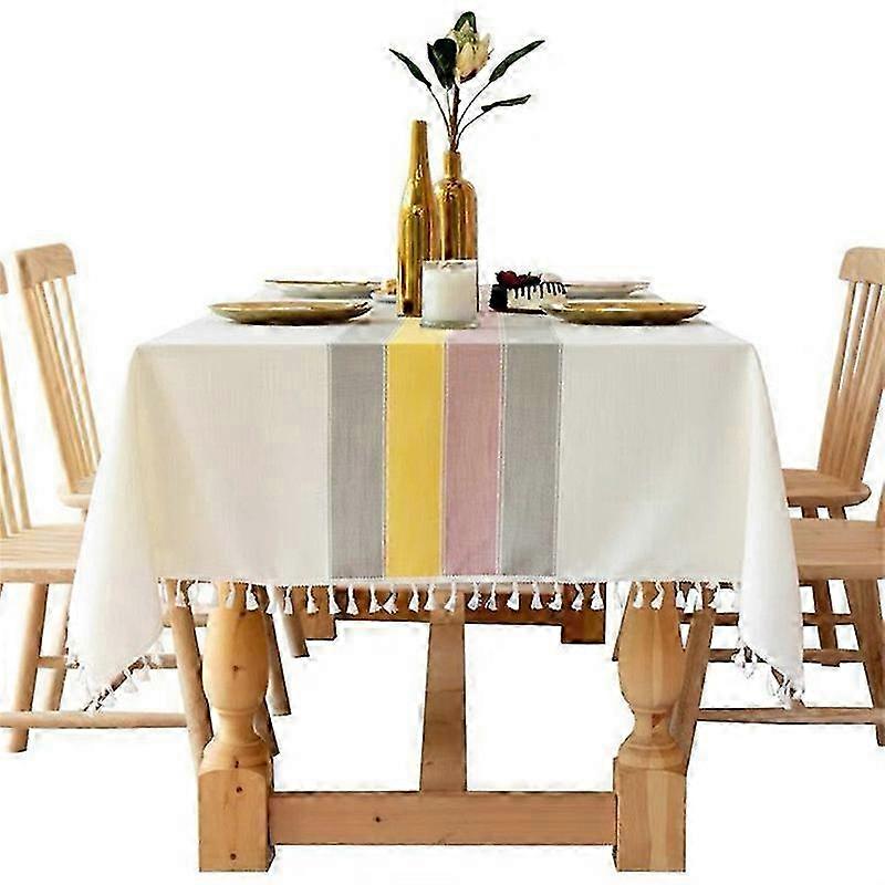 Rectangular Tassel Tablecloth Beige Cotton Linen Dining Table Cover