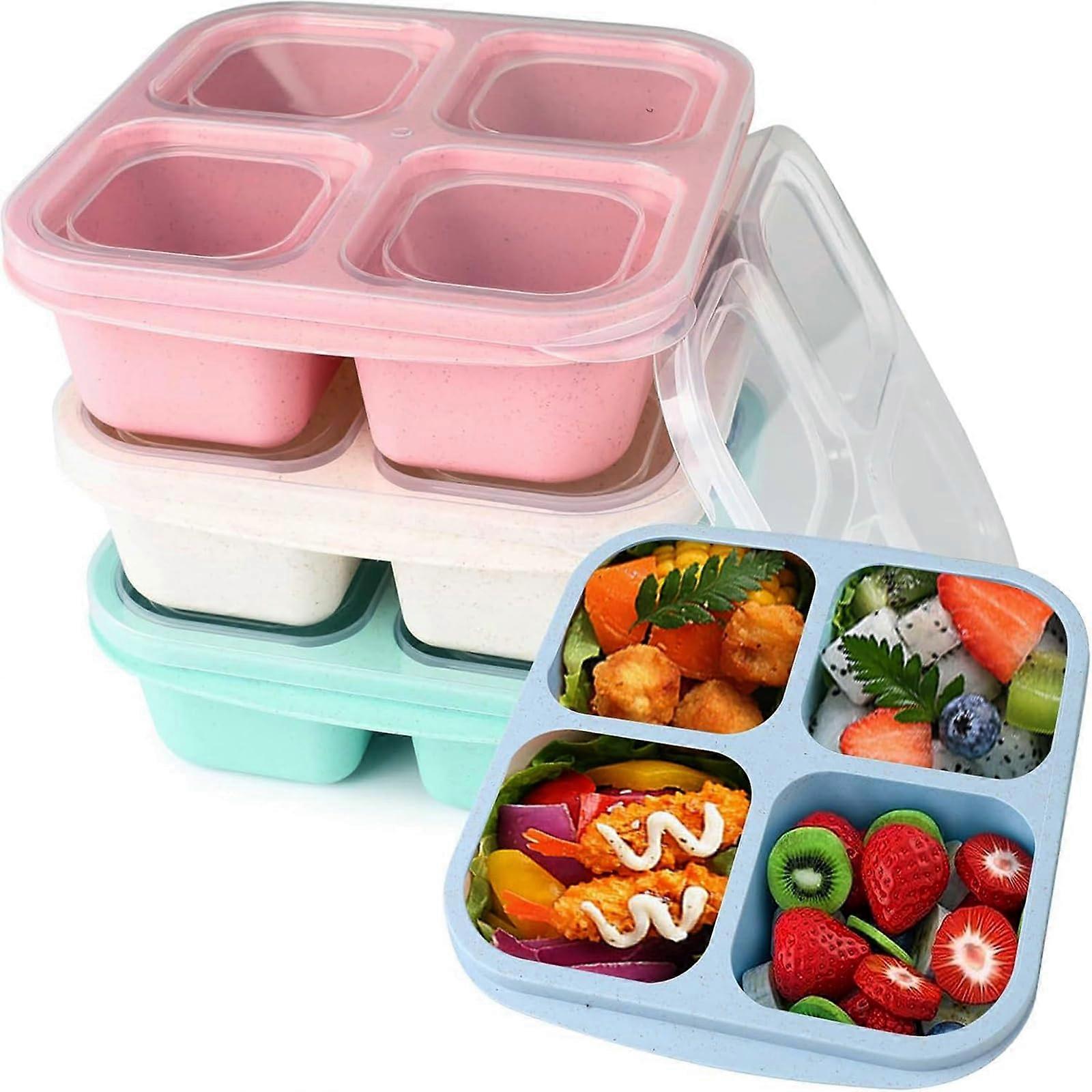 Snack Boxes with Compartments - Pack of 4, 4-Compartment Bento Snack Box, Reusable, Microwave Safe for Kids and Adults