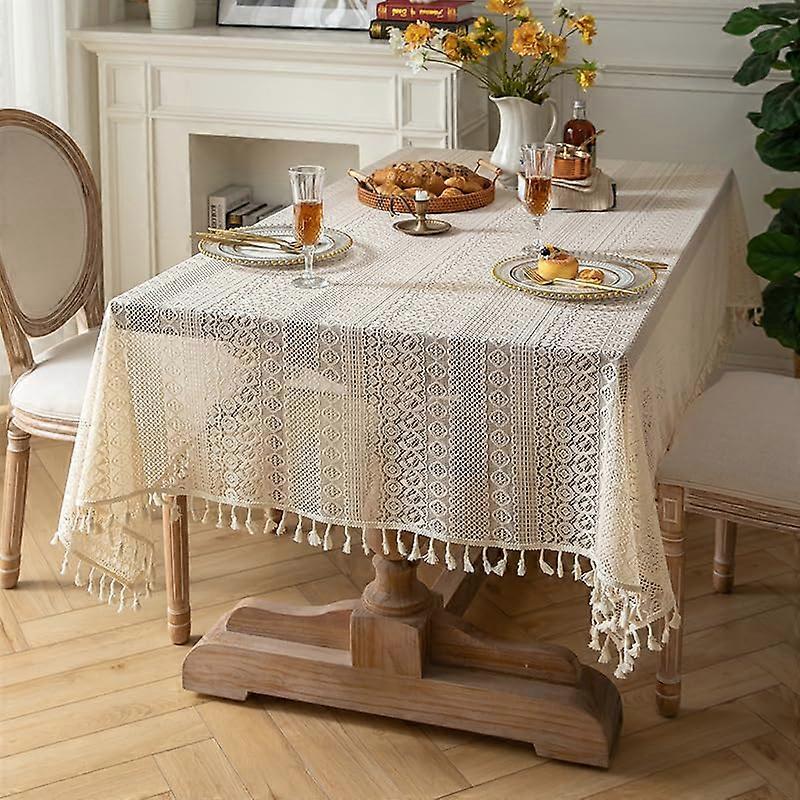 Tablecloth Tassels Rectangular Beige Crochet Lace Tablecloth 100 x 160 cm for Indoor Outdoor Garden Picnic Wedding