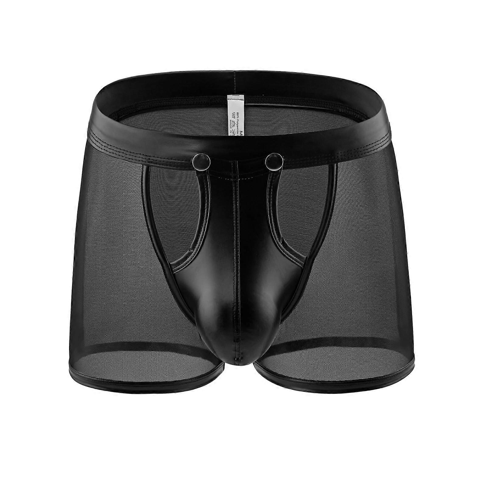 Sexy Men's Slip made of Artificial Leather, Open Four Corners, Nylon Comfort, Seductive Style, Black, Size XXL