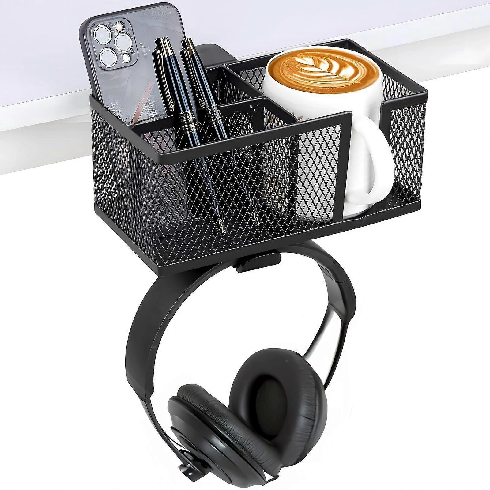 Desk Organizer with Drink Holder, Phone Stand, and Headphone Hook, 3-in-1 Aluminum Clamp Design for Office or Gaming Use