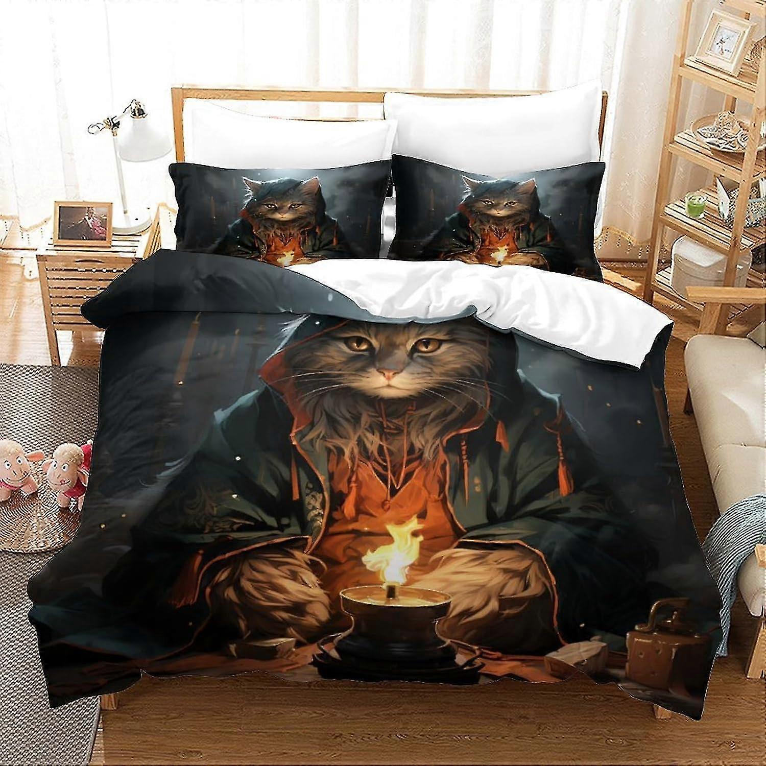 3-delad katt älva täcke set 3D mystiskt tryckta sängkläder med dragkedja för tjejer, supermjuk mikrofiber