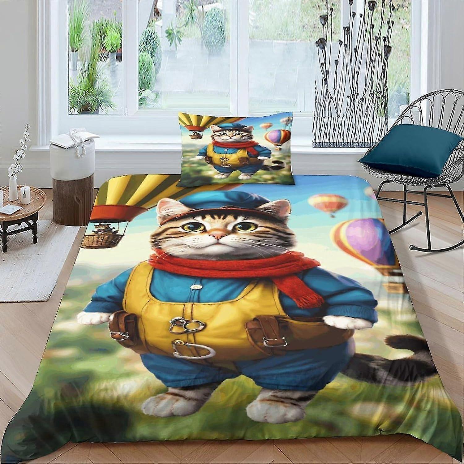 Cat Duvet Cover Cartoon Print Design Bedding Set Soft Microfiber with Zipper Closure Quilt Cover Pillowcases Single