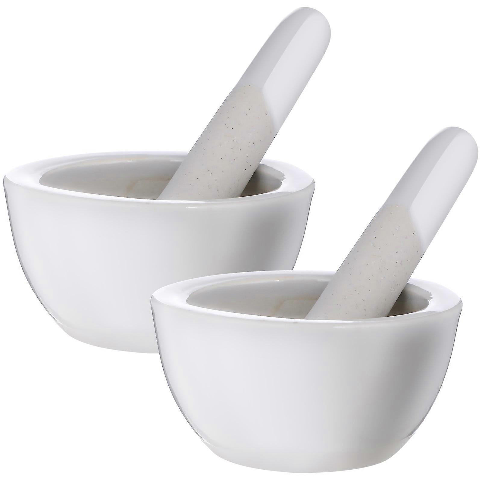 Porcelain Mortar Pestle Set Spice and Grain Grinder Laboratory Use Round Shape Handmade 60mm Pounding 2pcs