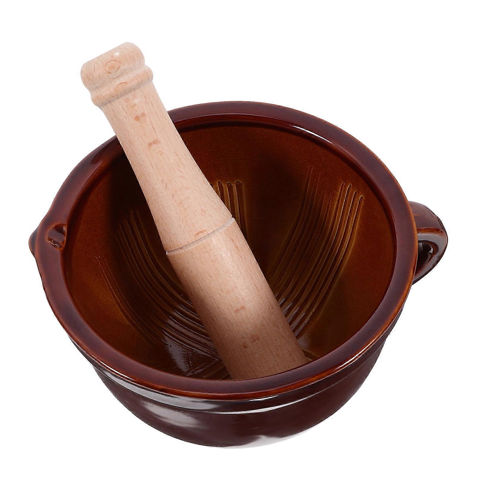 Ceramic Garlic Masher Bowl for Kitchen Use Brown Color Safe and with Fine Grinding Feature 1 Set