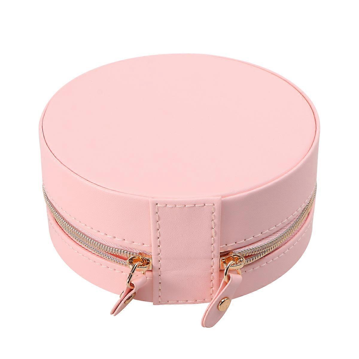 Portable Round Jewelry Case for Storing Earrings Rings and Accessories Made of PU and Fabric Pink Small Size Large Capacity