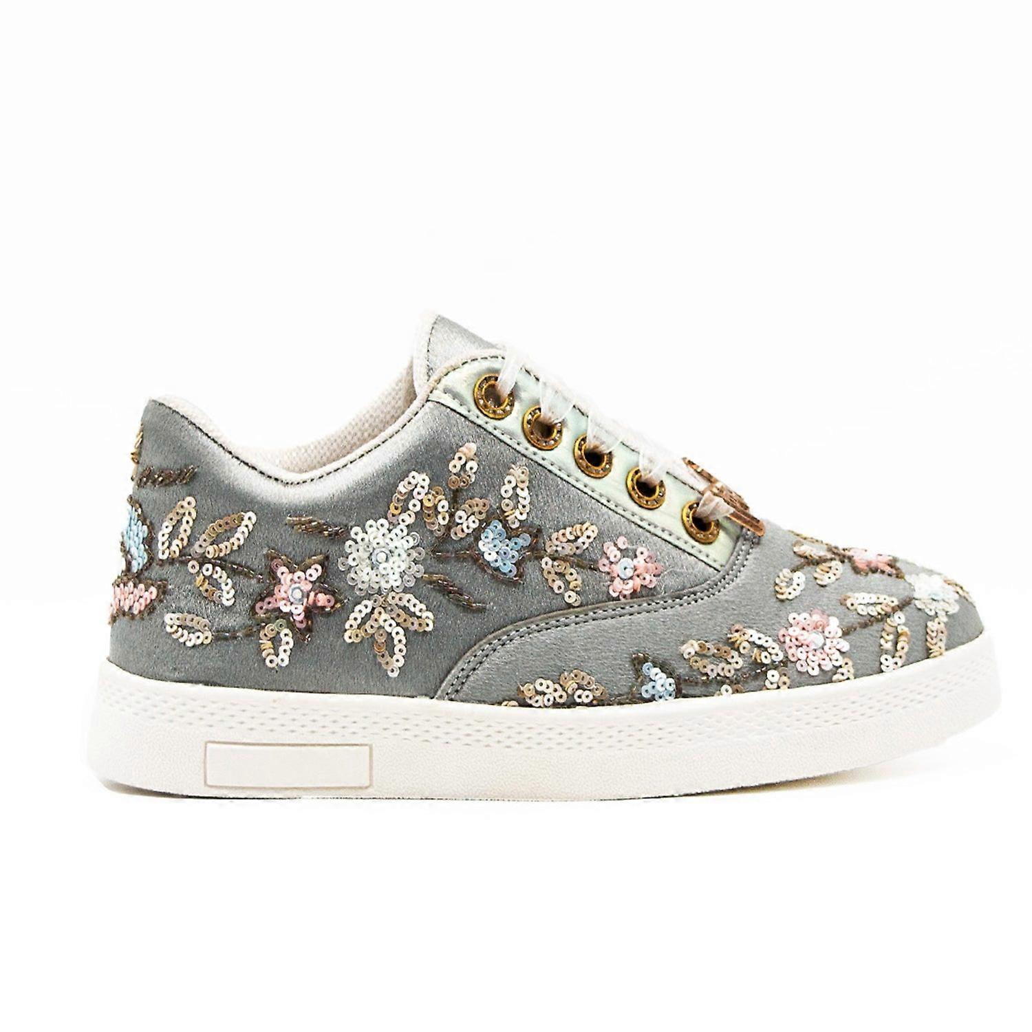 Cora grey satin handmade embellished tennis shoe