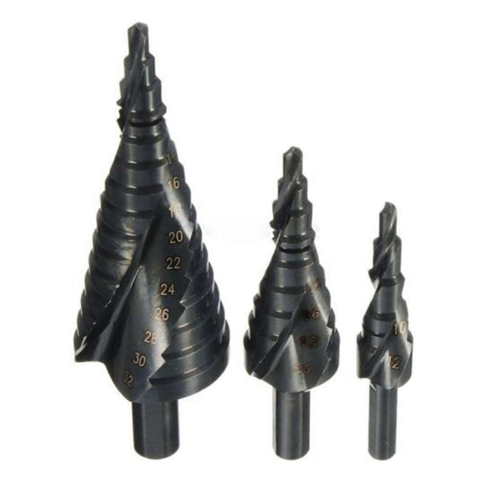 HSS 4241 Step Drill Bit Set 3-Piece Spiral Flute 4-32 mm, 4-20 mm, 4-12 mm High-Speed Steel Drills