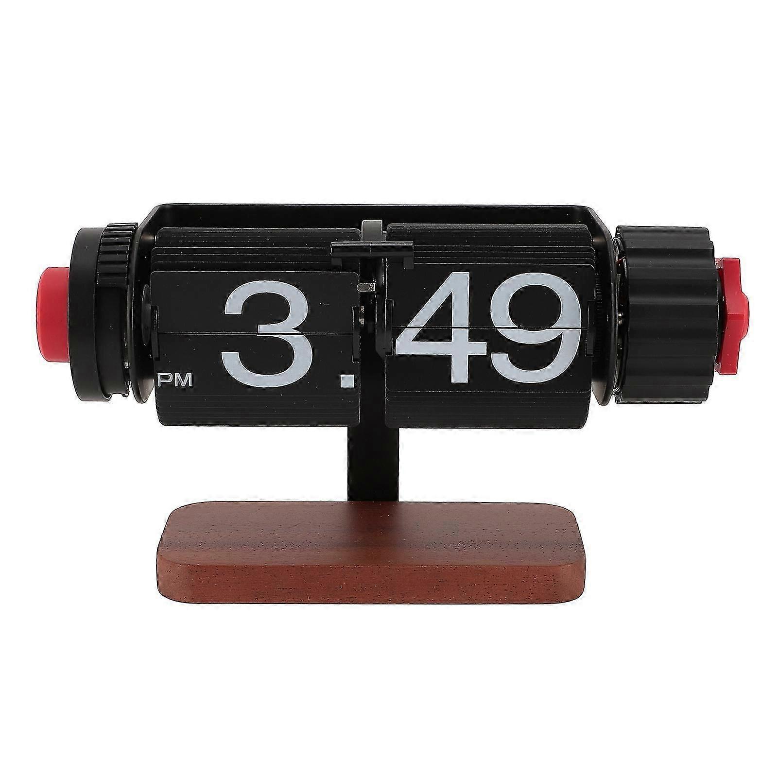 Vintage Wooden Flip Clock Automatic Time Display Desktop Alarm Clock Minimalist Design Mechanical Rotating Timepiece Home Office Decoratio