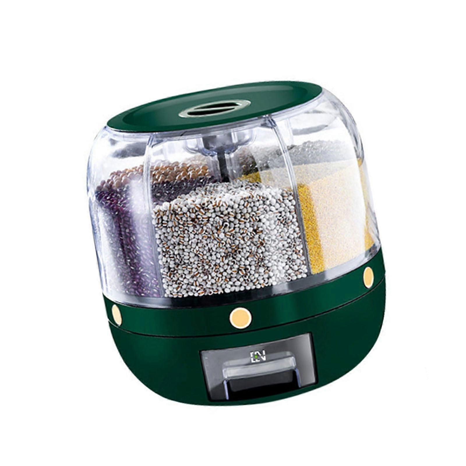 Dry Food Storage Box With 6 Detachable Sections, 360Degree Rotating Rice Dispenser, Kitchen Organizer