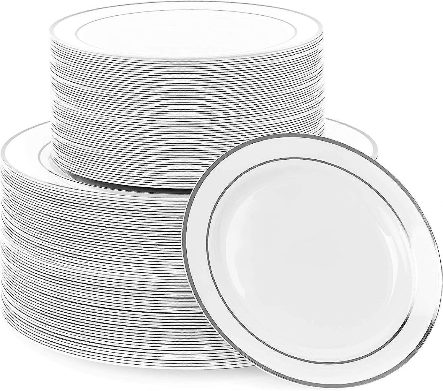 Unbreakable Multi-Use Silver Rimmed Plastic Dinner & Dessert Party Plates