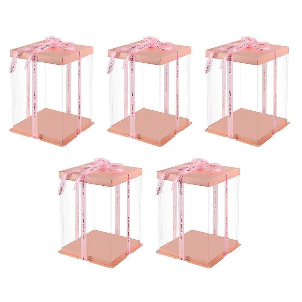 Cake Box Pink Transparent Cake Packing Box for Storage 5Pcs with Ribbon