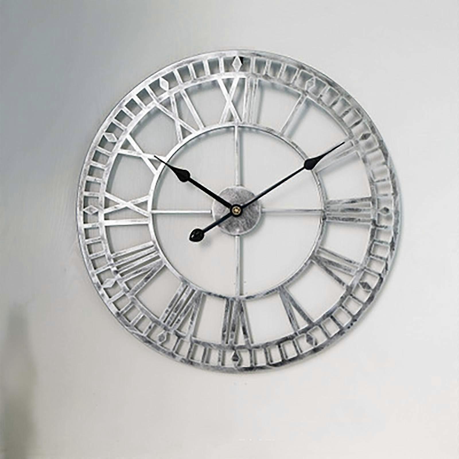 Classic Waterproof Outdoor Clock Iron Art Wall Clock Retro Roman Numeral Battery Operated Silent 40cm Silver