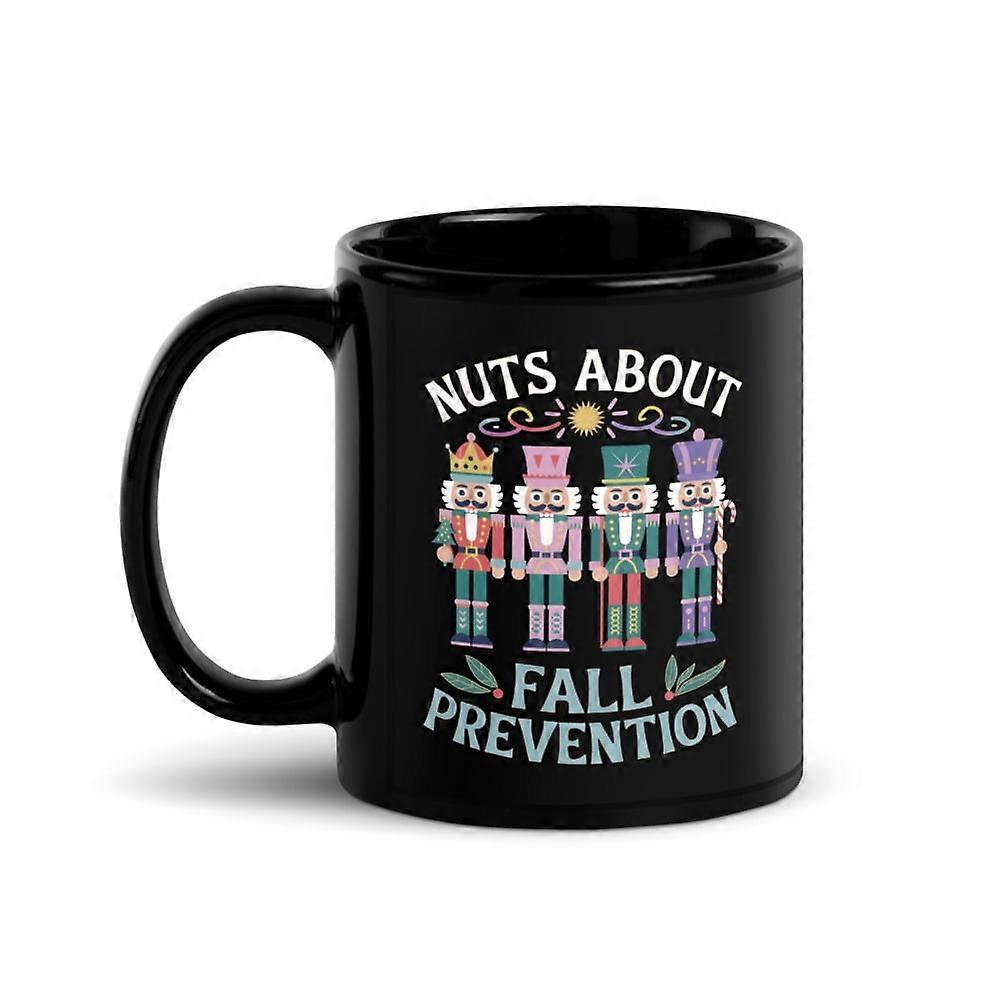 PT Nutcracker Ballet Christmas Black Glossy Mug, Nuts About Fall Prevention (11 oz)