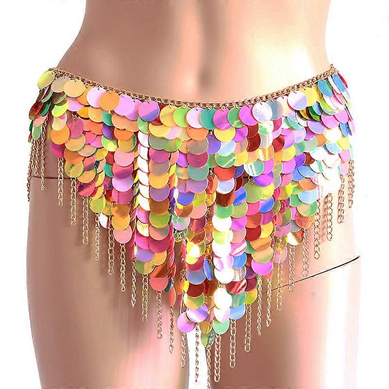 Mixed Color Sequin Bikini Chain Skirts Festival Dance Wear Dress for Women Fringe Body Jewelry