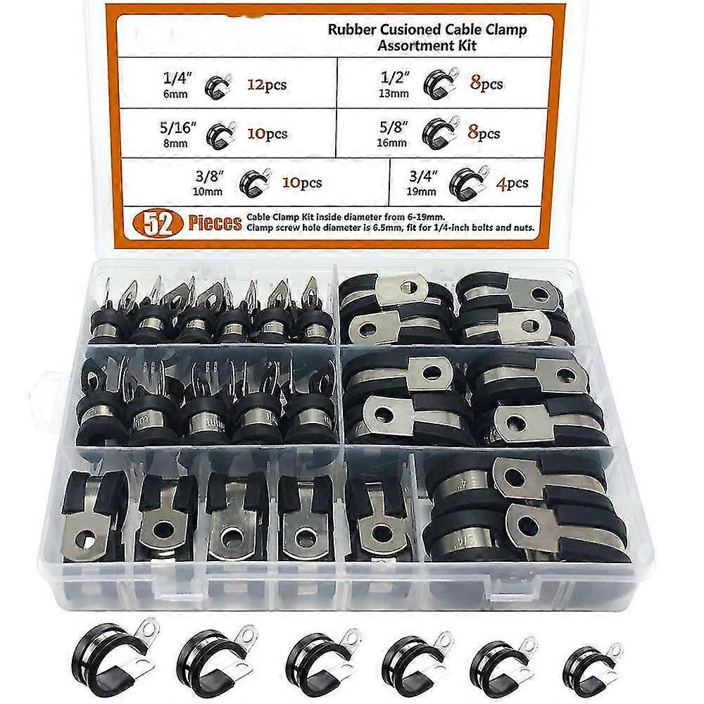 Galvanized Iron + Rubber Lined P Clips Wiring Hose Cable Clamp Pipe Kit Gl. (black)(52pcs)