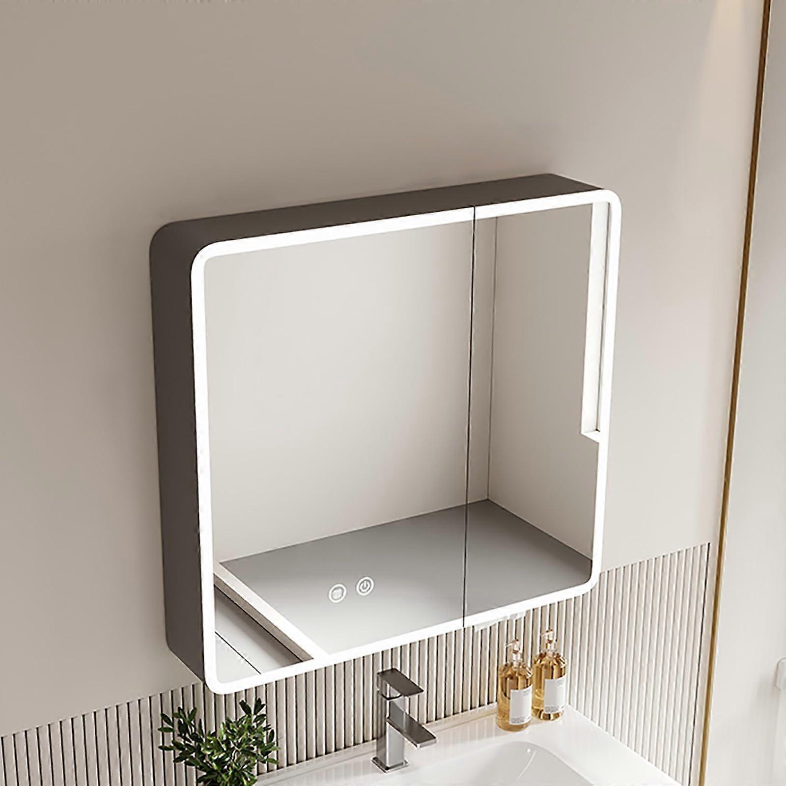Modern Grey LED Bathroom Mirror Cabinet with AntiFog Round Corners and WallMounted Storage Shelf (70cm)